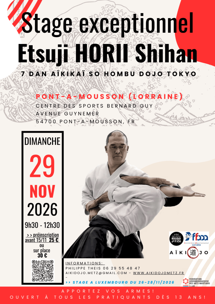 Affiche du stage exceptionnel d’aïkido avec Etsuji Horii Shihan à Pont-à-Mousson le 29 novembre 2026
