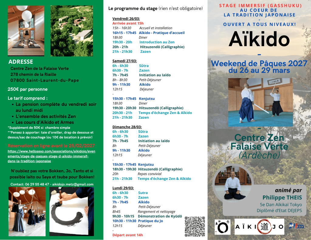 Affiche du stage immersif d’aïkido en Ardèche du 26 au 29 mars 2027