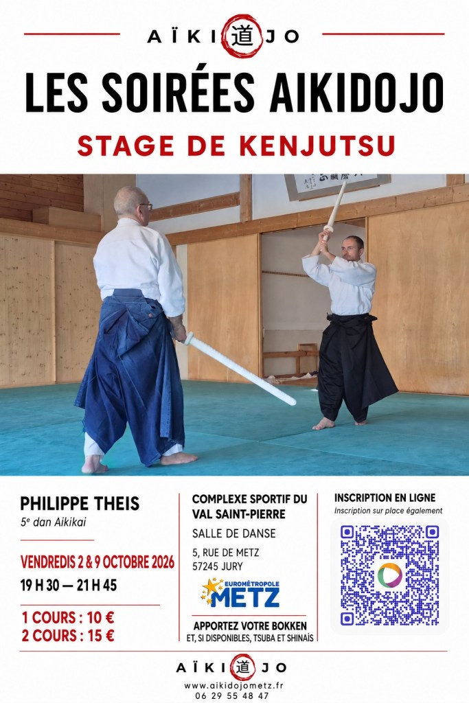 Affiche des stages de Kenjutsu AIKIDOJO à Jury les vendredis 2 et 9 octobre 2026